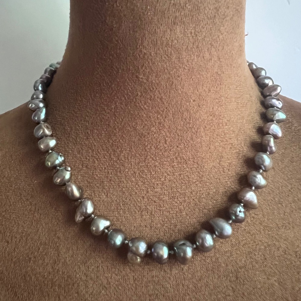 Grey Baroque Pearl Necklace 925 Sterling Silver Clasp 17 Inch Cottagecore
